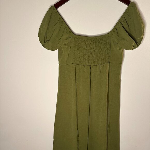 Monteau Los Angeles | Olive Green Midi Dress | Tie Front Puff Sleeve | Size M - Picture 5 of 6